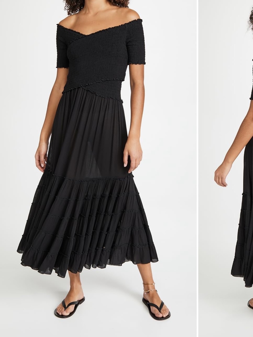 Poupette St. Barth Black Off-Shoulder Tiered Maxi Skirt Dress